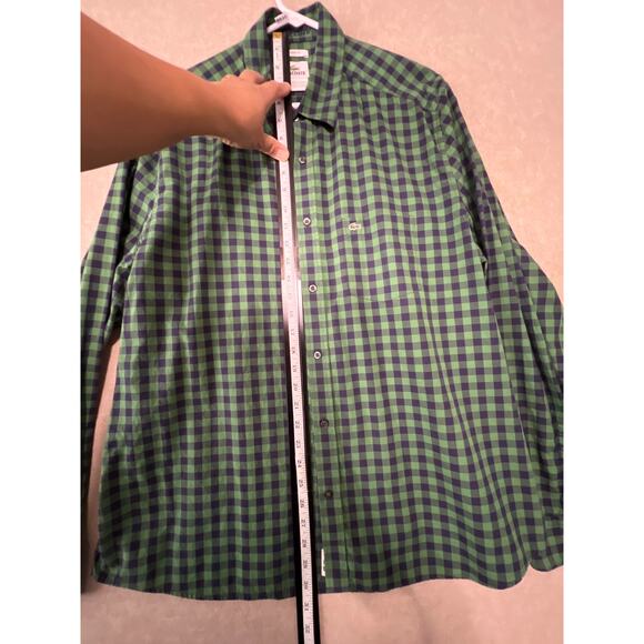 Lacoste Mens 44 Large Modern Fit Green & Navy Gingham Plaid Button Up L/S Shirt - Picture 3 of 11